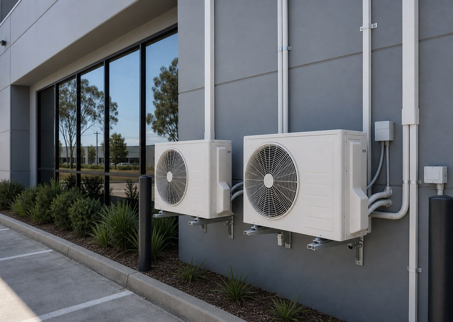 Commercial building exterior with serviced air-conditioning units