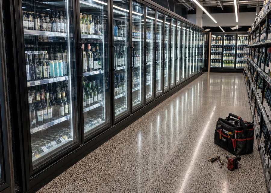 Bottle shop refrigeration aisle with glass-door display fridges