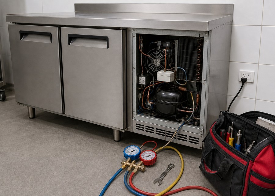 Commercial freezer repaired inside a food-service setting