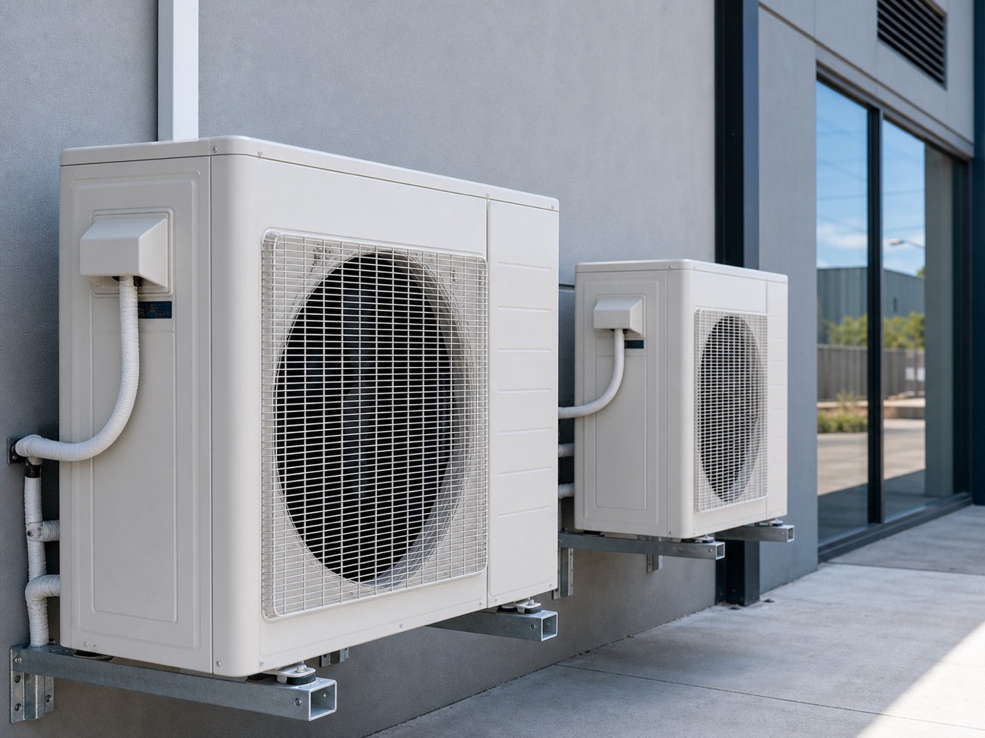 Wall-mounted commercial air-conditioning condensers installed on brackets