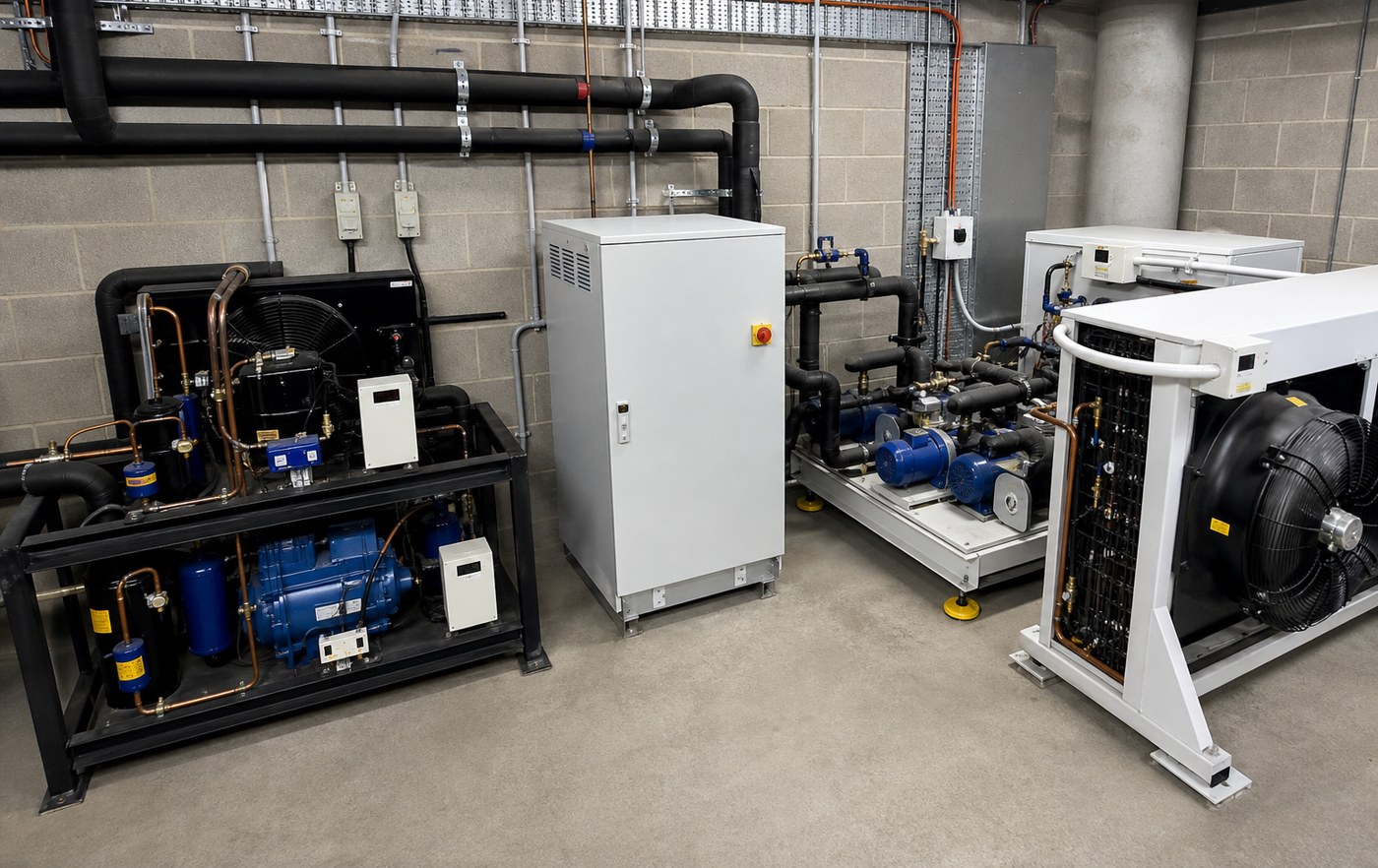 Commercial refrigeration plant room with pipework and condensers