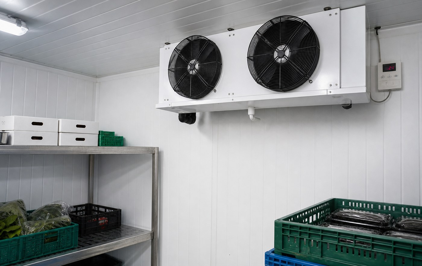 Cool room refrigeration unit mounted inside a commercial storage room